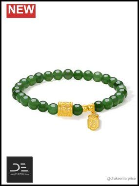 24K Solid Gold Jade Beaded Bracelet 6.7in Lucky Charm Stretch Stackable